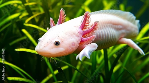 A close-up of a pink leucistic axolotl underwater in an aquarium. The cute aquatic amphibian with feathery gills rests among green plants. Exotic pet and wildlife concept