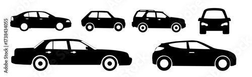 Diverse collection of black and white car silhouettes representing various vehicle types and modes