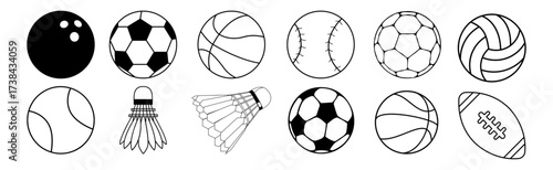 Minimalist black and white outline illustrations of popular sporting goods and game equipment