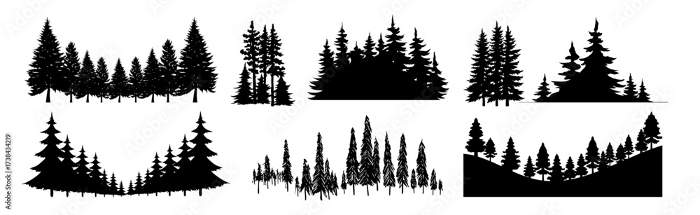 Obraz premium Diverse collection of black evergreen tree silhouettes and forest borders vector design elements