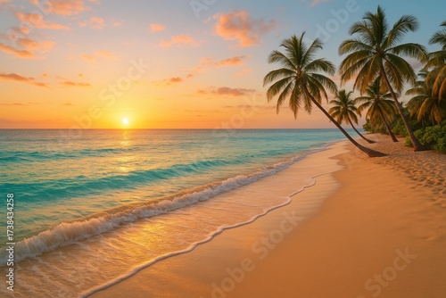 Serene Sunset Over a Tropical Beach with Palm Trees and Gentle Waves