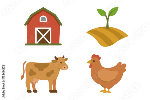 Set of flat agriculture icons. Farm and breeding symbols. Collection of isolated vector illustrations: red barn, cow, chicken, plant sprout in field. Livestock and cultivation.