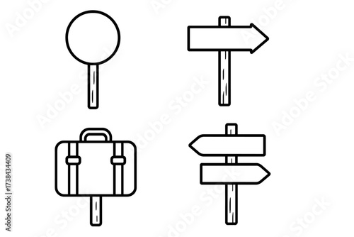 Travel icon set with direction signs and luggage. Line art vector illustration of roadsign arrows and suitcase for journey, choice, and pathfinding. Isolated graphic element.