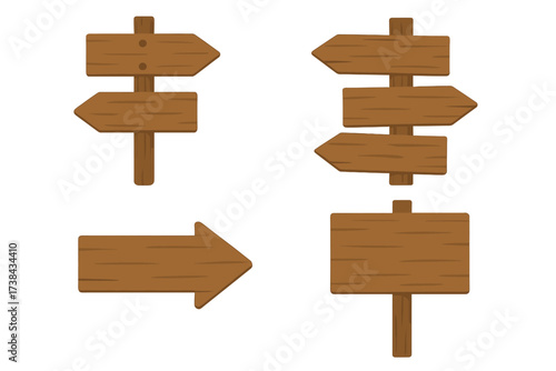 Set of wooden arrow signposts pointing in different directions. Vector illustration of rustic guide signs. Path, choice, and travel concept. Blank empty board for message.