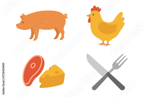Farm animal and food icon set. Pig, chicken, steak, cheese, and cutlery. Vector illustration for agriculture, livestock, meat, dairy, butcher shop, restaurant, and grocery.