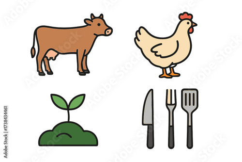 Farm to table icon set with cow, chicken, and plant sprout. Food choice concept between meat and vegetarian. Agriculture, livestock, and kitchen cutlery for cooking.