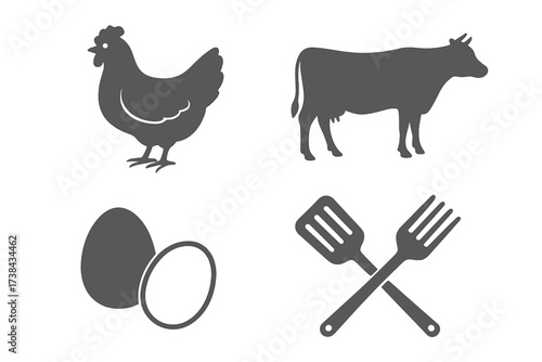 Farm food icon set with chicken, cow, and egg. Vector symbols for meat, poultry, and dairy. Kitchen utensils fork and spatula for restaurant, bbq, and grill menu design.