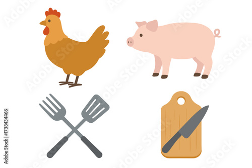 Farm animal icon set for butcher shop menu or restaurant. Pork and chicken meat concept. Pig and hen livestock for breeding. Kitchen tools for cooking, BBQ, and grilling.