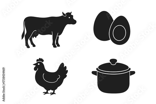 Farm food icon set. Cow, chicken, egg, cooking pot vector icons. Black silhouette symbols for agriculture, breeding, kitchen, and restaurant menu. Isolated graphic elements.