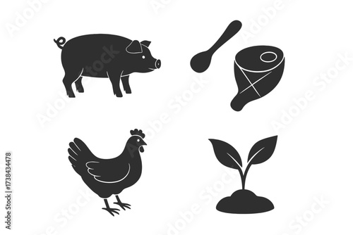 Farm to table concept icon set. Pig, chicken, meat, and sprout. Agriculture, breeding and kitchen sign. Livestock, food production, poultry, pork, organic farming vector icons.