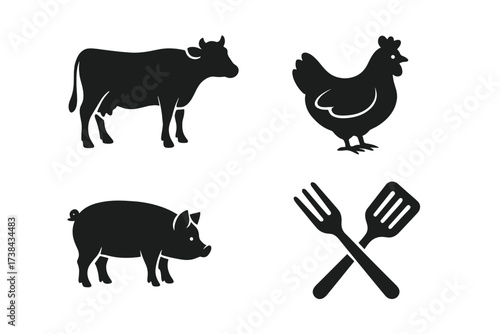 Farm animals icon set for butcher shop, restaurant menu or BBQ. Vector silhouette of cow, pig, chicken for beef, pork, poultry meat. Crossed fork and spatula for grilling.