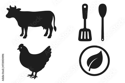 Farm to table icon set. Cow and chicken silhouettes. Kitchen utensils for cooking. Natural organic food symbol. Meat, poultry, vegan concepts. Breeding and food production signs.