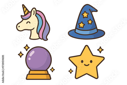Cute magic icon set. Vector cartoon illustration of a unicorn head, wizard hat, crystal ball and smiling star. Fantasy fairytale elements for kids. Kawaii sticker pack isolated.