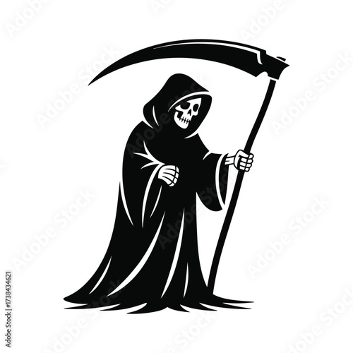 Monochromatic Grim Reaper Illustration of Death Personified Holding a Scythe for Souls and Depicting a Creepy Figure