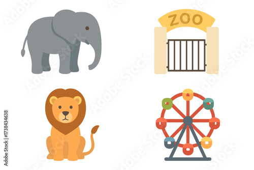 Zoo and amusement park icon set. Vector collection of flat design elements. Cute cartoon elephant, lion. Ferris wheel, zoo entrance gate. Wildlife and entertainment symbols.