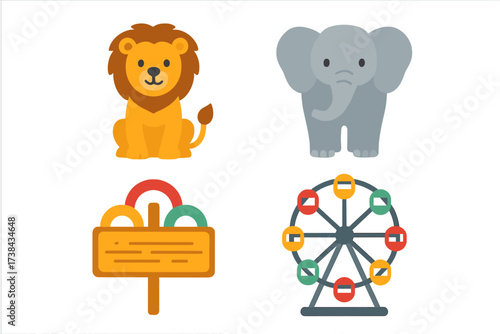 Cute cartoon animal and amusement park icon set. Vector illustration of a lion, elephant, ring toss game, and Ferris wheel. Isolated objects for zoo, circus, or funfair.