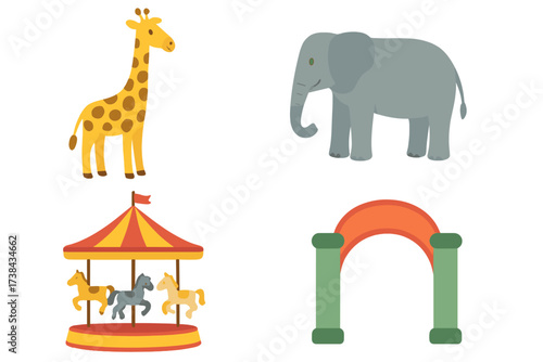 Cute cartoon vector icon set for zoo or amusement park. Isolated flat design elements: giraffe, elephant, merry-go-round carousel, and entrance arch. Wild safari animals.