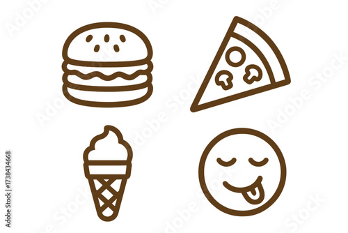 Fast food icon set with hamburger, pizza, and ice cream. Simple line art for junk food concepts. Includes a yummy face emoji for delicious meals, cravings, and food enjoyment.