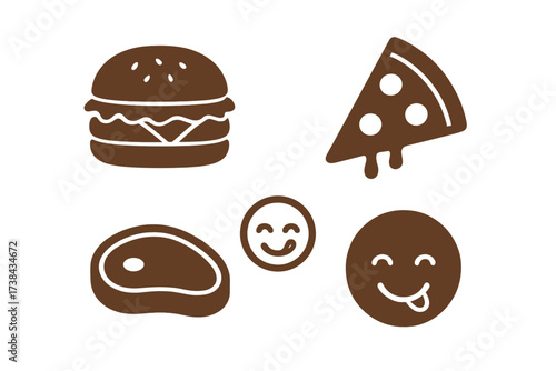 Set of isolated fast food icons. Hamburger, pizza slice, and steak symbols. Yummy and delicious food concept with smiling and tasty face emoji. Vector for hunger and craving.