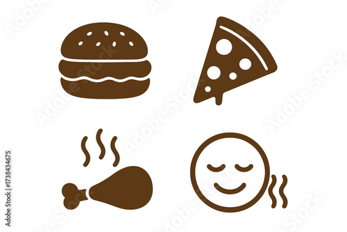 Fast food icon set with hamburger, pizza slice, and roasted chicken leg. Yummy symbol collection. Emoji enjoying the delicious smell and taste. Isolated vector graphics for restaurant.