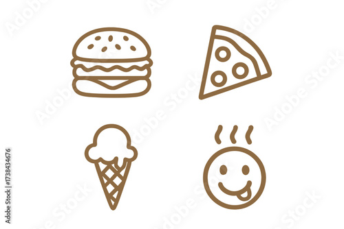 Fast food line icon set. Burger, pizza, ice cream cone icons. Yummy, delicious, tasty emoji. Isolated vector graphic elements for menu, restaurant, delivery service.