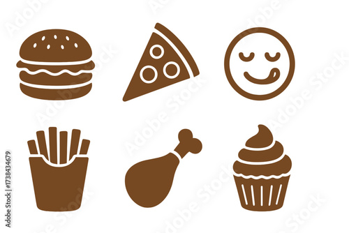 Fast food icons set. Junk food collection. Hamburger, pizza, french fries, fried chicken leg and cupcake symbols. Yummy emoji face. Delicious meal and snack vector graphics.