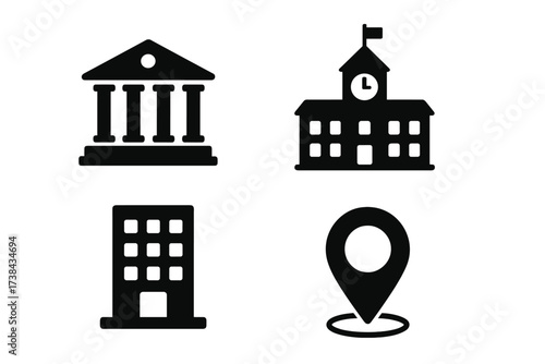 Municipal building icon set. Vector glyph collection of bank, courthouse, school, university, and office symbols. City center location pin and public services pictogram.