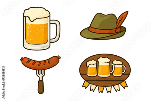 Vector collection of Oktoberfest icons. German beer festival symbols. Includes beer mug, bratwurst sausage, Bavarian hat with feather, and wooden pub sign. Isolated cartoon set.