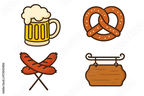 Oktoberfest icon set vector illustration. German beer festival food and drink symbols. Pretzel, sausage, beer mug, and wooden bar sign for menu or celebration design.
