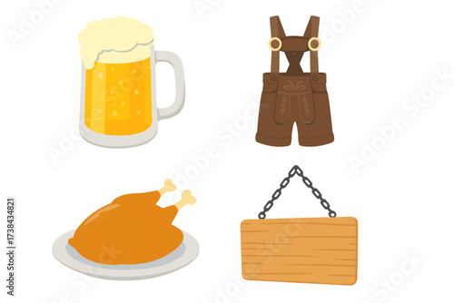 Oktoberfest vector icon set. German beer festival elements collection. Includes beer mug, lederhosen, roast chicken, and wooden sign. Bavarian culture and tradition symbols.
