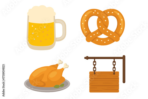 Oktoberfest icon set with beer mug, pretzel, roasted chicken and wooden sign. German food and drink vector illustration for festival, bar menu or pub celebration design.