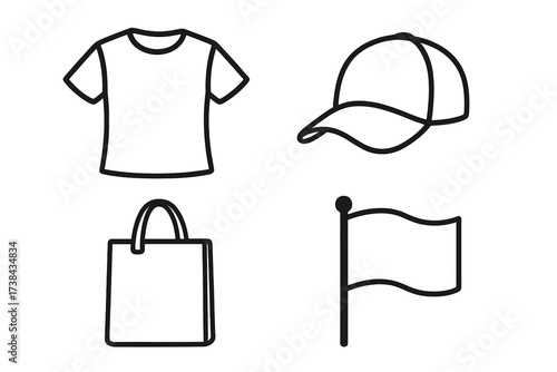 Promotional products icon set for corporate identity and business branding. Vector line art merchandising templates with T-shirt, cap, tote bag, and flag for advertising.