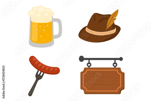 Oktoberfest vector icon set. German beer festival elements collection. Isolated cartoon beer mug, sausage, tyrolean hat, wooden sign. Bavarian culture traditional food drink.