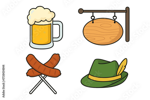Oktoberfest icon set. German beer festival elements collection. Vector cartoon illustration of beer mug, bratwurst sausage, Tyrolean hat, and wooden pub sign. Isolated.