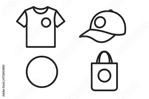 Merchandise line icon set for corporate identity and branding. T-shirt, cap, and tote bag with logo placeholder. Promotional product mockup vector template for textile and apparel.