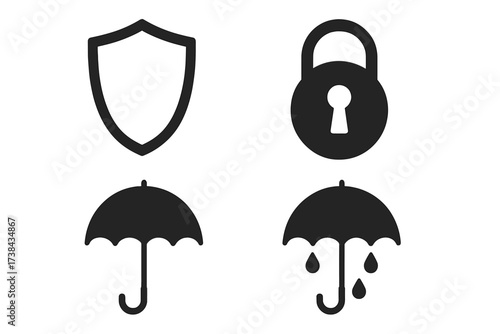 Protection icon set. Shield, padlock, umbrella symbols. Concept of safety, insurance, privacy, data security, weather, waterproof. Secure graphic element. Closed object.