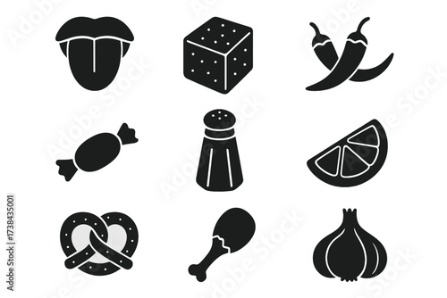 Food and flavor glyph icon set. Vector collection of taste symbols like sweet, sour, salty, and spicy. Isolated design elements for products. Tongue, sugar, chili, salt, pretzel.