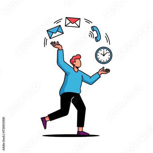 Multitasking Man Juggling Work Tasks, Emails, Phone Calls, and Time Management