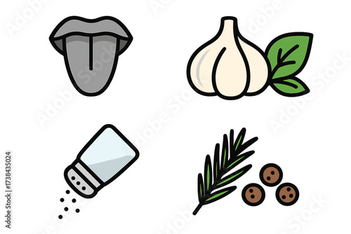 Taste and seasoning icon set. Vector collection of food flavor symbols. Isolated objects for cooking design. Garlic, salt, tongue, rosemary, pepper. Flat line illustration.
