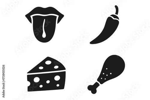 Food and taste vector icons set. Isolated object of flavor and product sign collection. Tongue symbol, hot spicy chili pepper, cheese wedge, fried chicken drumstick silhouette.