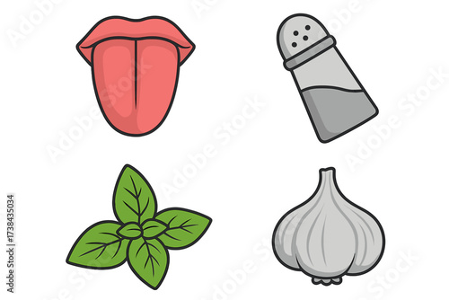 Set of food and seasoning icons. Taste sense with tongue. Salt shaker, fresh basil herb and garlic bulb. Flavor ingredients for cooking. Vector illustration symbol collection.