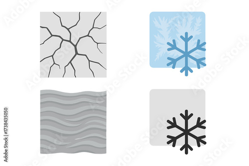 Cracked earth texture, ground crack. Water wave pattern. Frozen icon with snowflake, frost, ice crystal. Weather, climate, season symbol set. Dry, liquid, cold concepts.