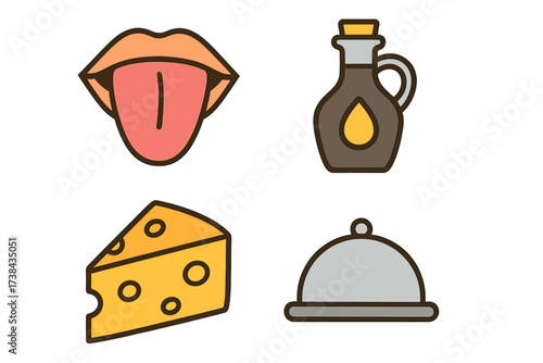 Food and taste icon set. Vector collection with tongue, cheese, oil bottle, and serving cloche. Isolated graphic elements for restaurant, menu, product and gourmet design.