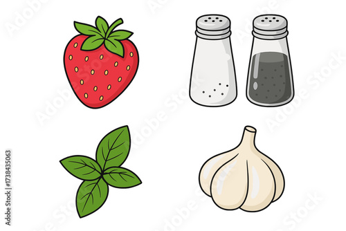 Set of taste and seasoning icons. Strawberry, garlic, basil, salt, and pepper shakers. Fresh food ingredients for cooking. Sweet, salty, and spicy flavor symbols. Vector illustration.