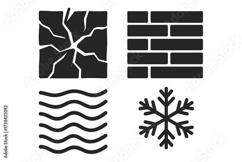 Set of texture and material icons. Vector symbols of cracked earth, brick wall, water wave, and snowflake. Nature, construction, and weather elements. Isolated graphic design set.