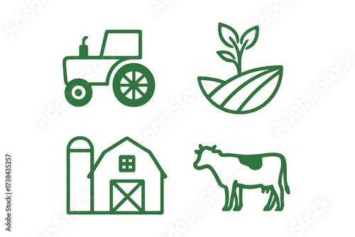 Agriculture and farming icon set. Vector logo collection for organic food, livestock breeding, and rural business. Includes tractor, barn, cow, and crop plant symbols.