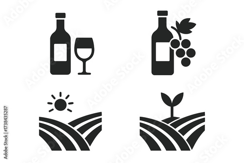 Wine icon set vector glyph symbols. Wine bottle, glass, grapes, vineyard landscape with sun and field with sprout. Agriculture, farming and viticulture concept illustration.