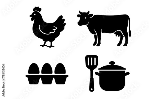 Farm food and cooking icons. Vector graphic set with chicken, cow, eggs, pot, and spatula. Symbols for agriculture, livestock, poultry, beef, dairy, and meal preparation.