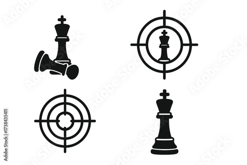 Vector icon set for business strategy and competition. Chess metaphor with checkmate, king in the crosshairs, and target symbol. Concept of winning, goals, and success.