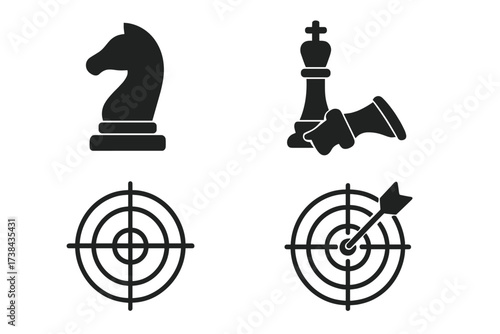 Vector icon set for business strategy and success. Chess knight and checkmate for competition and victory. Target with arrow for goal achievement, marketing and management.